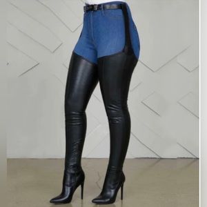 AKIRA thigh high stiletto chap boot with strap, size 11, 4.5 inch heel